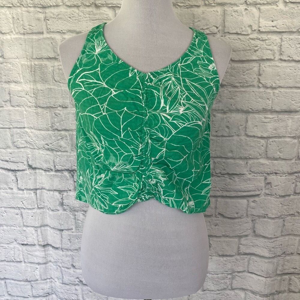 ANA women XS ruched front tank crop top green and white design